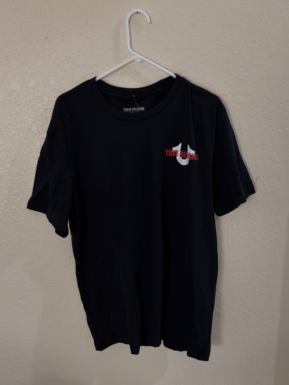 True Religion Black Short Sleeve Tee with Red & White Logo